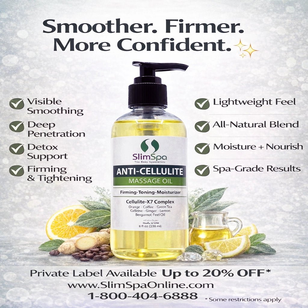 Anti-Cellulite Massage Oil bottle — Cellulite-X7 Complex with caffeine & coffee, professional wholesale spa