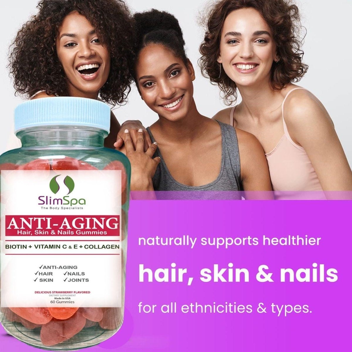 Anti-Aging Gummies label — professional spa retail hair skin nails supplement | SlimSpa
