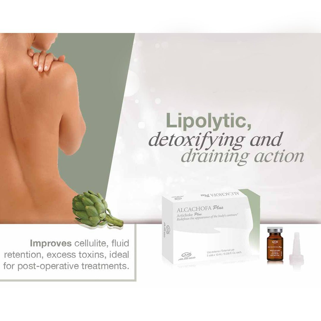 Artichoke Plus vials label detail — Artichoke Extract + Caffeine + L-Carnitine drainage protocol | SlimSpa