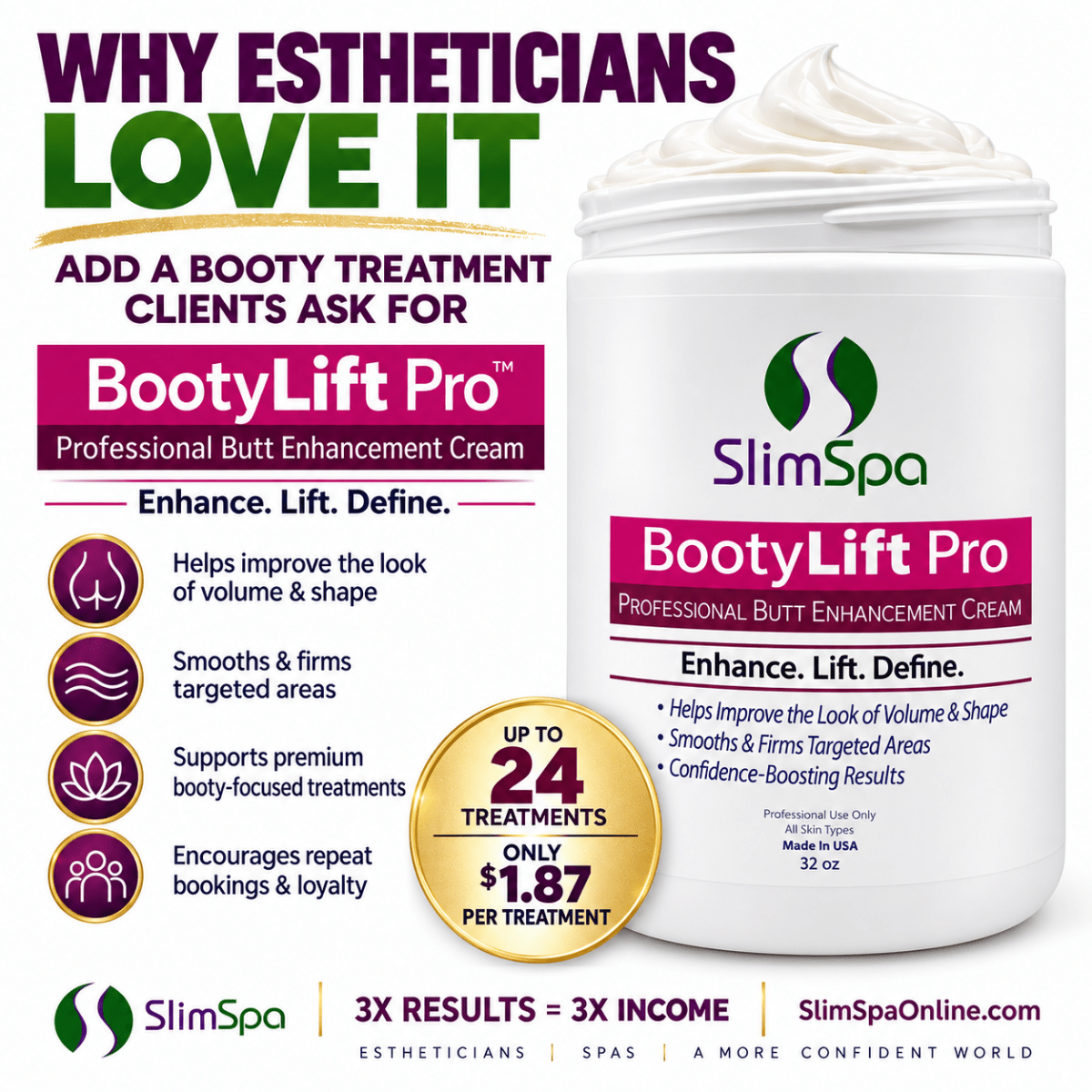 BootyLift Pro Butt Enhancement Cream 32oz – Professional Lifting, Firming & Buttocks Enhancement - SlimSpaOnline