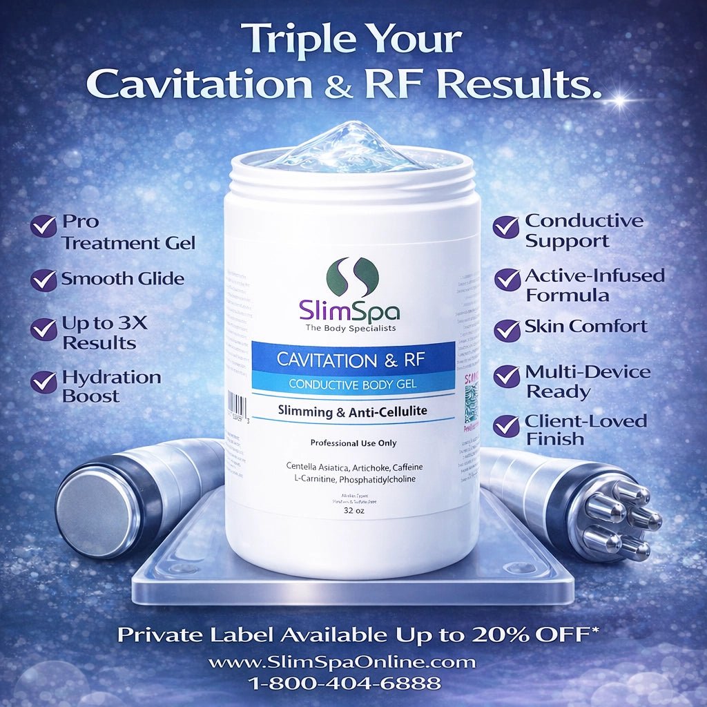 Cavitation RF Body Gel 32oz in esthetician hands — professional conductive gel for cavitation & radiofrequency devices | SlimSpa