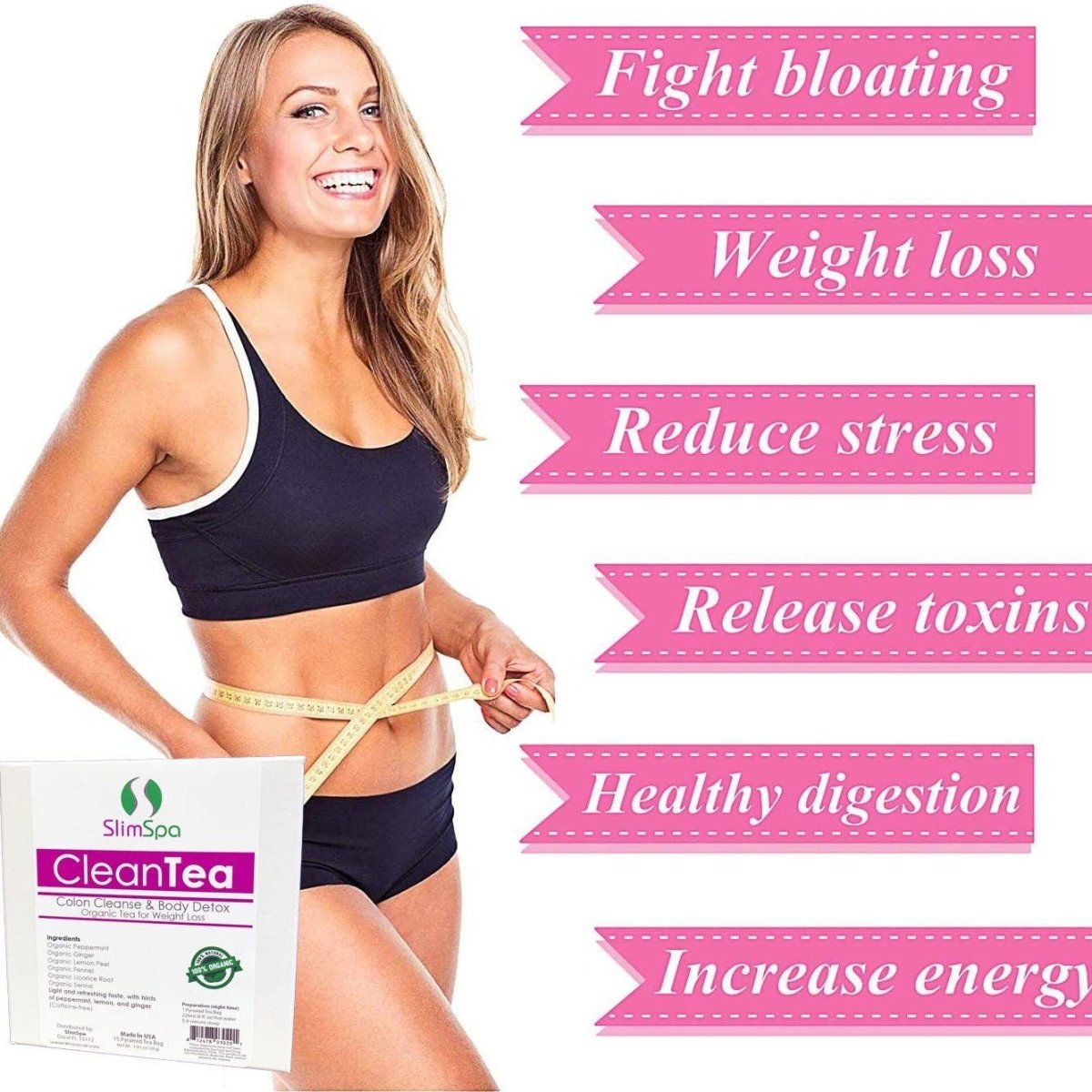 CleanTea tea bags closeup — peppermint, ginger & senna organic detox blend for licensed estheticians