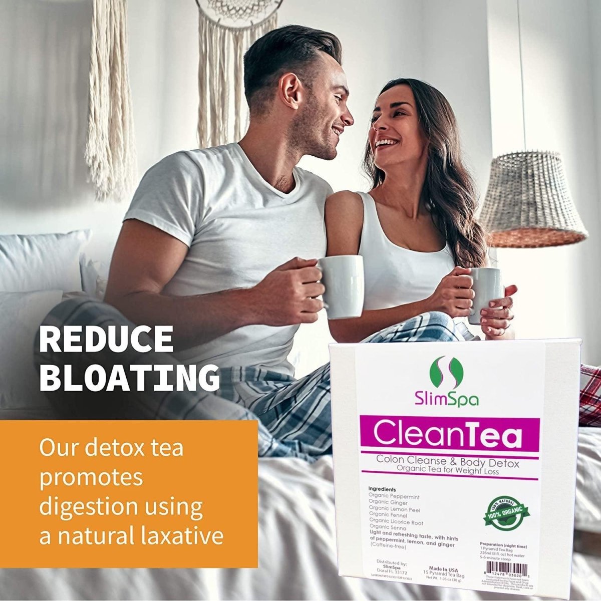 CleanTea packaging back label — supplement facts, organic ingredients & directions for spa retail