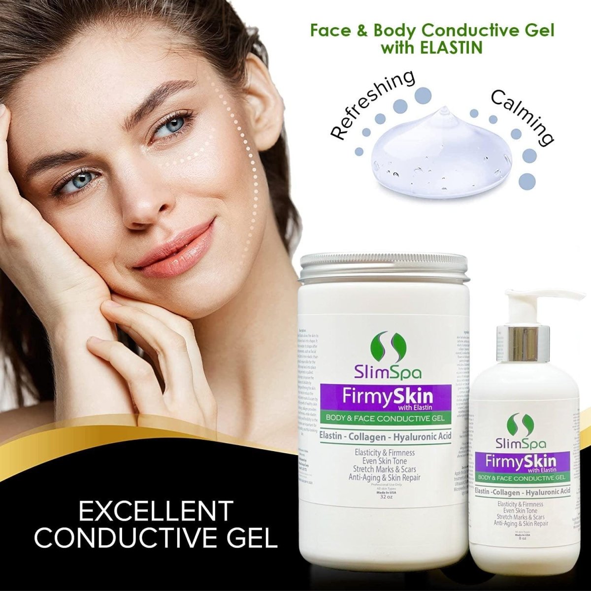 FirmySkin with Elastin Gel 8oz side view — professional firming gel for visible skin elasticity improvement | SlimSpa