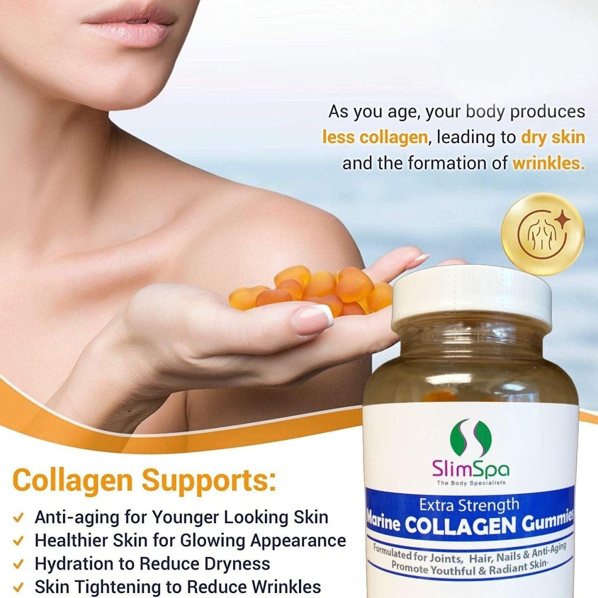 Marine Collagen Gummies closeup — soft chewy tropical-flavor collagen supplement, spa retail wholesale