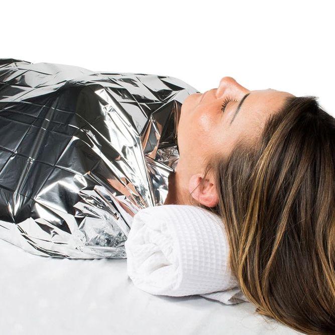 Mylar Foil Thermal Sheet application — reflective heat retention for body wrap treatments, wholesale spa
