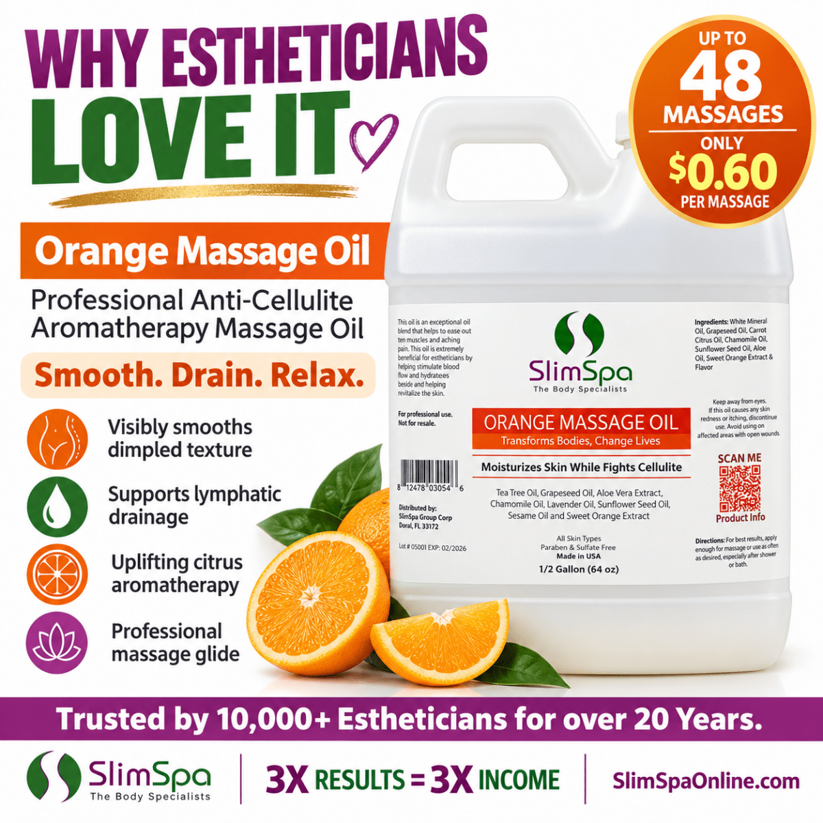 Orange Massage Oil 64oz – Professional Anti-Cellulite Aromatherapy Massage Oil for Spas - SlimSpaOnline