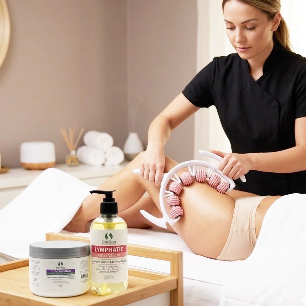 SlimSpa Lymphatic CelluSolution 3-Step Kit box — massager, oil & cream bundle | SlimSpa