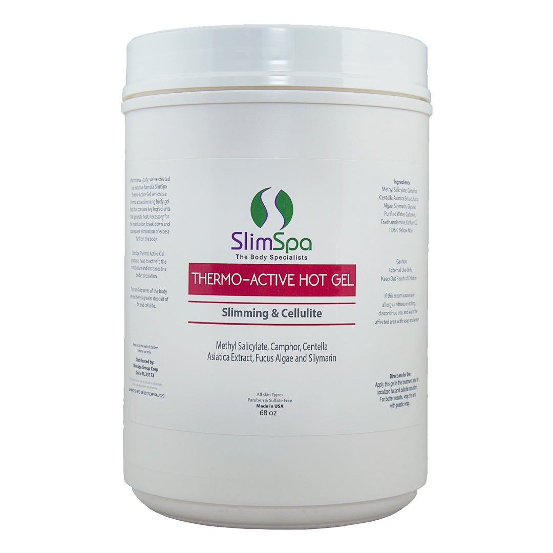 Thermo Active Hot Gel 64oz label detail — professional large-format fat burning cellulite treatment for busy spas | SlimSpa